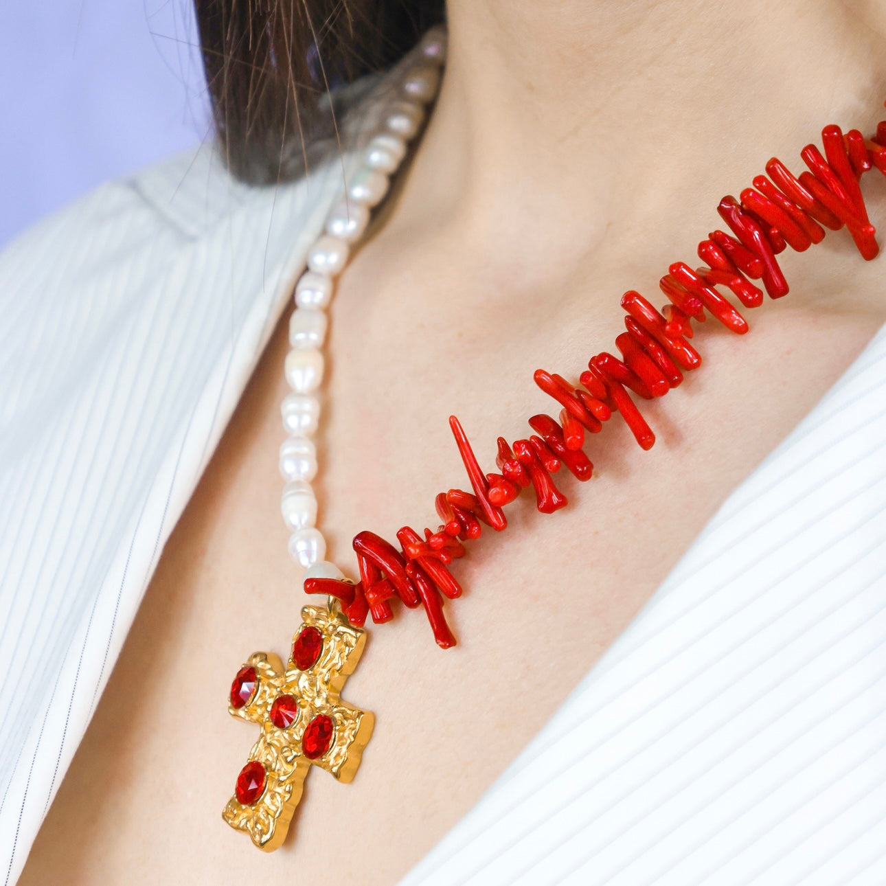 Collier - Chjara x Corail Bambou & Perles de Culture