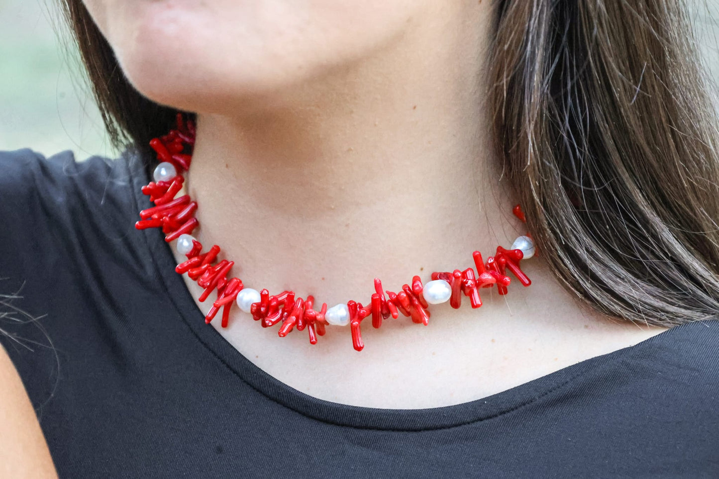 Collier - Adalina x Corail Bambou & Perles de Culture